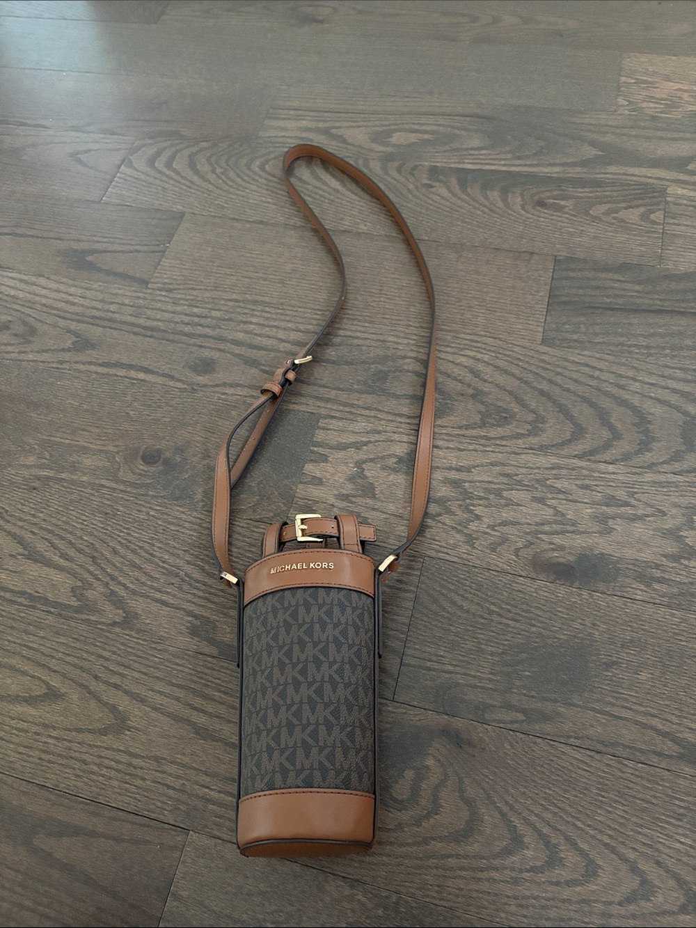 Michael Kors Brown Monogram Bottle Crossbody Holder with Tan Trim